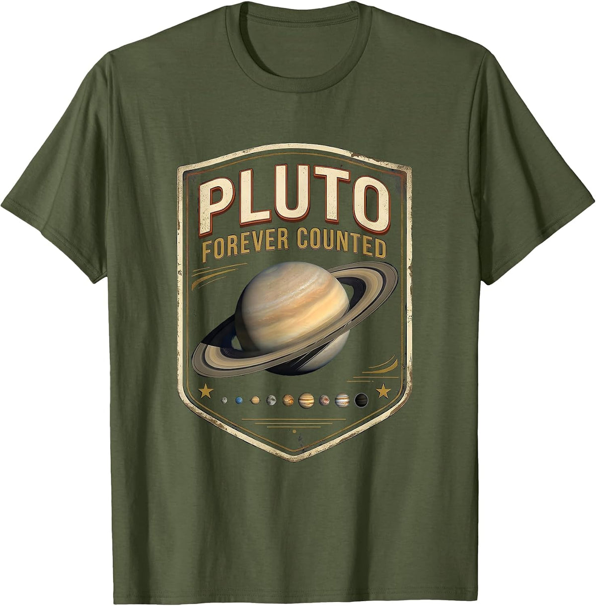 Pluto, Forever Counted Vintage Retro Astronomy Space Science T-Shirt - Olive Green