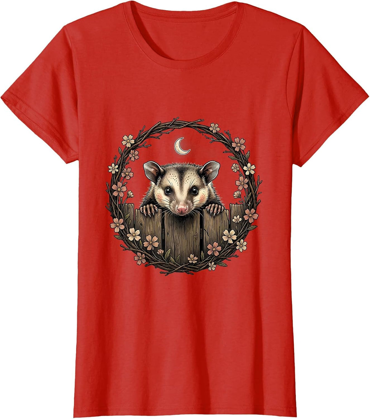Opossum Peeking Over Fence Funny Wildlife Design T-Shirt - Red