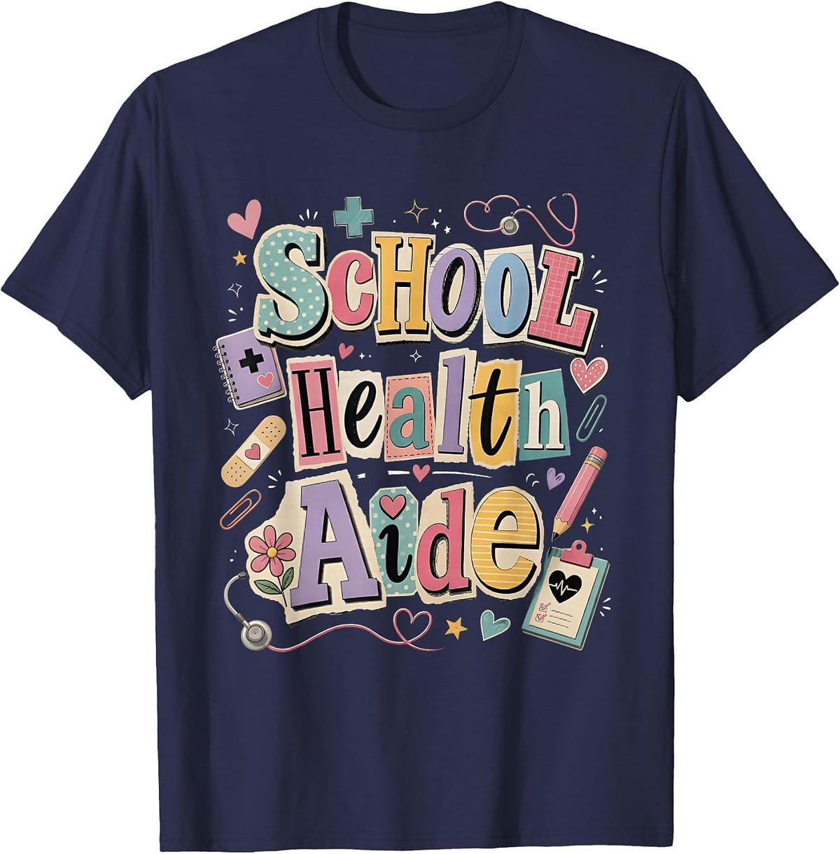 School Health Aide Back to School Retro Healthcare Worker T-Shirt - Navy Blue