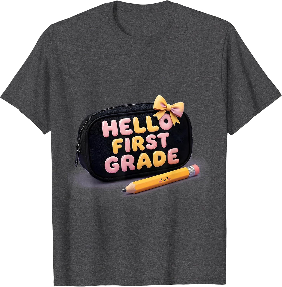 Men's Hello First Grade Cute Kawaii Bow Back To School Pencil T-Shirt - Dark Heather Grey