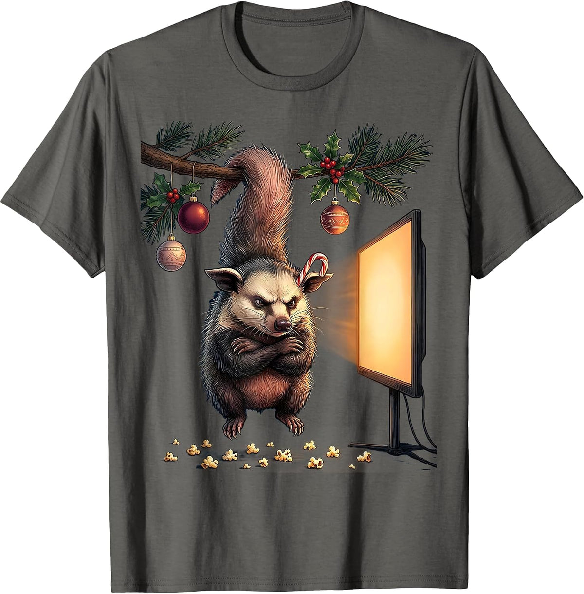 Cranky Opossum Christmas Movie Night T-Shirt - Asphalt Grey