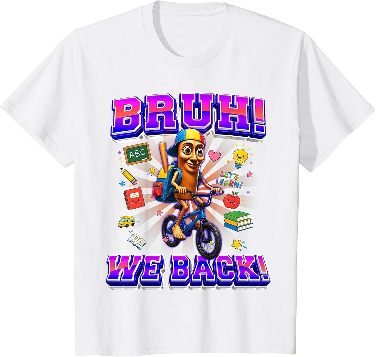 Funny Tung Tung Sahur Back to School BMX Brainrot Meme T-Shirt - White
