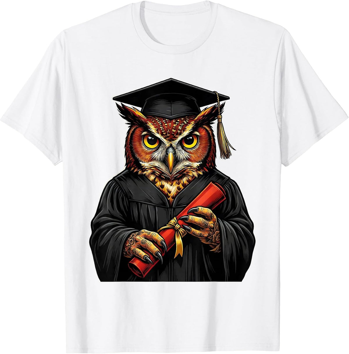 Men's Red Teacher Owl Graduation Gown Diploma Design T-Shirt - White