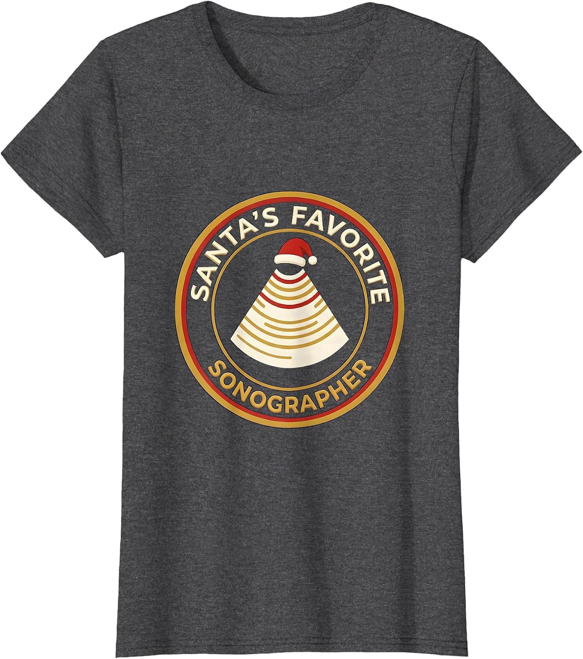 Women's Santa's Favorite Sonographer Funny Medical Tech Christmas T-Shirt - Dark Heather Grey