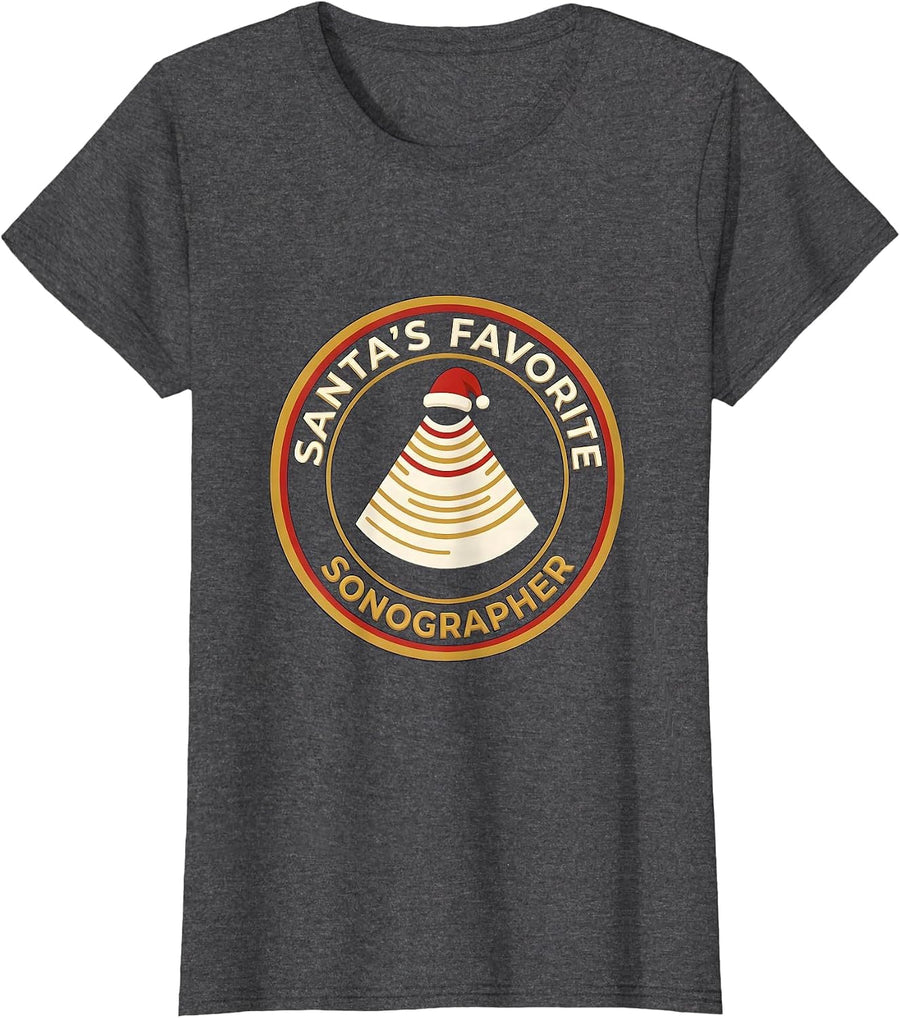 Women's Santa's Favorite Sonographer Funny Medical Tech Christmas T-Shirt - Dark Heather Grey