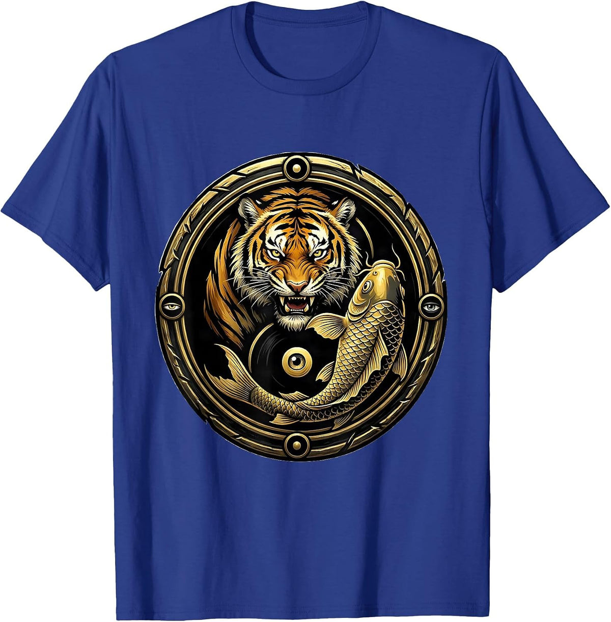 Tiger and Koi Fish Yin-Yang Balance Design T-Shirt - Royal Blue