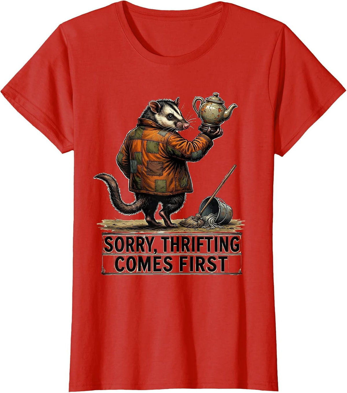 Women's Sorry Thrifting Comes First Funny Opossum Vintage Collector T-Shirt - Red