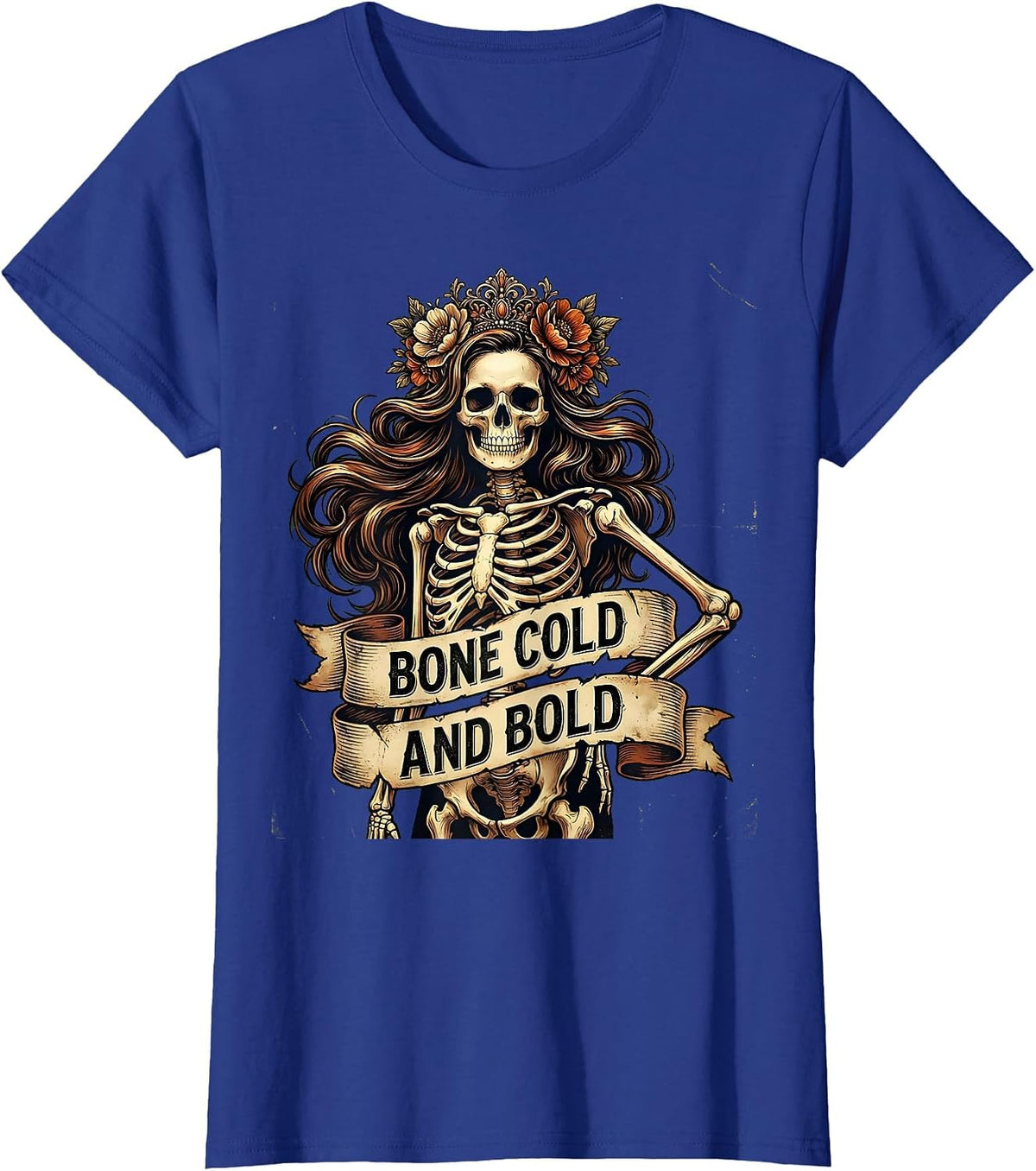 Women's Bone Cold and Bold Skeleton Graphic Design T-Shirt - Royal Blue