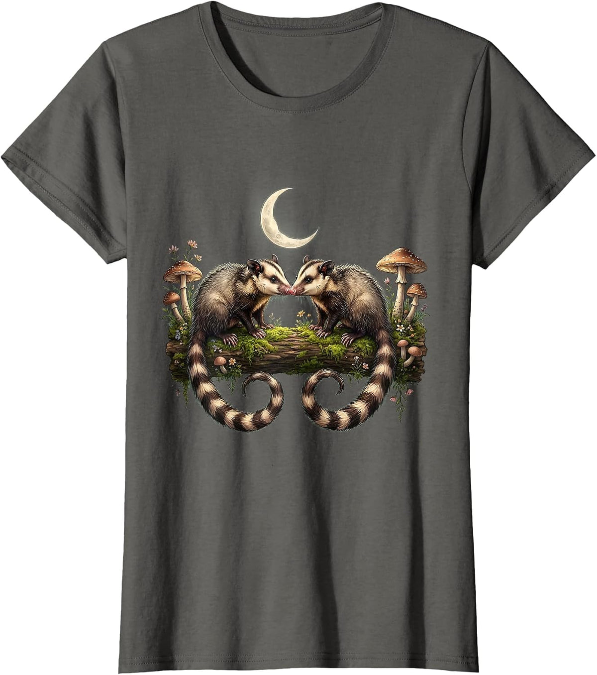 Women's Opossum Standoff on a Log Graphic Tee T-Shirt - Asphalt Grey