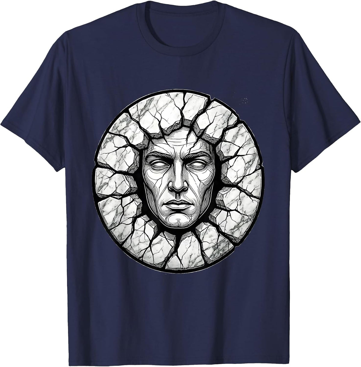 Men's Human Face Emerging From Cracked Marble Slab T-Shirt - Navy Blue
