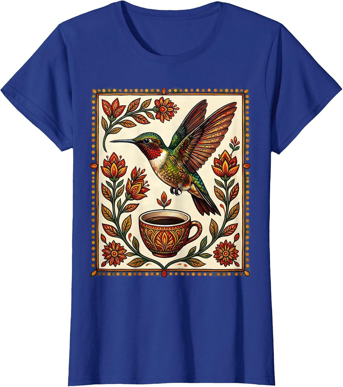 Women's Hummingbird Espresso Coffee Lover Graphic Tee T-Shirt - Royal Blue