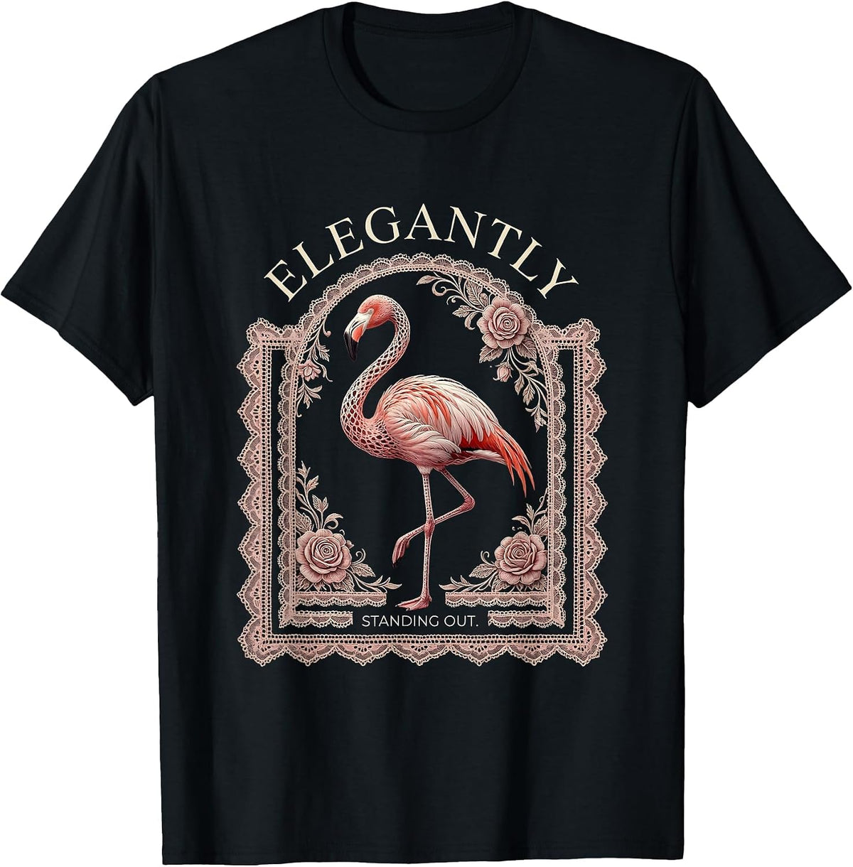 Men's Elegantly Standing Out Flamingo Design T-Shirt - Black