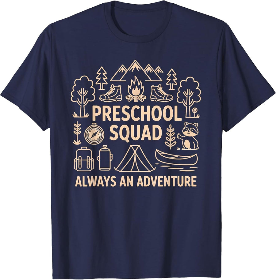 Pre-K Squad Adventure Camping Preschool Teacher Boy Girl Kid T-Shirt - Navy Blue