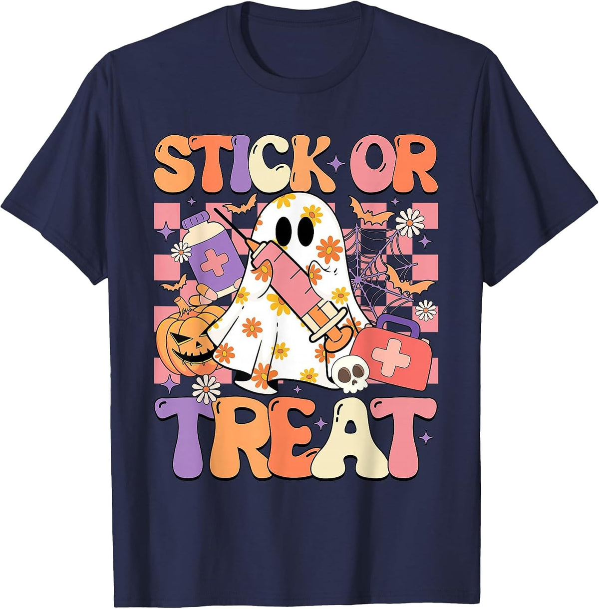Stick Or Treat Phlebotomy Tech Syringe Trick Or Treat Day T-Shirt - Navy Blue