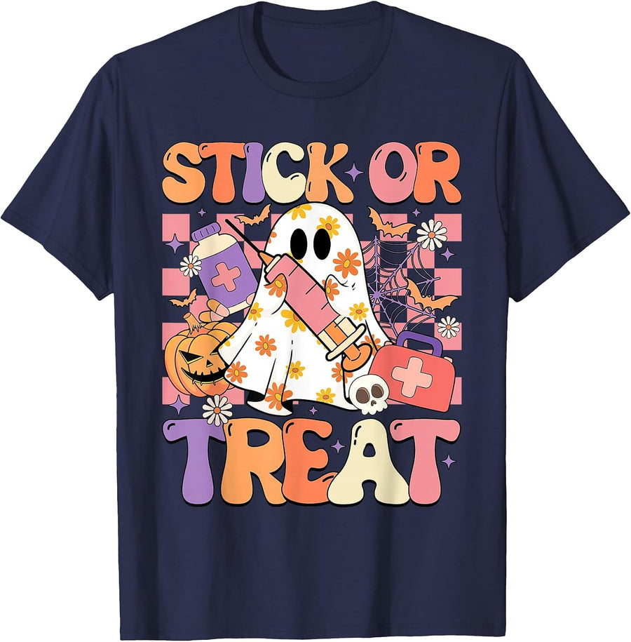 Stick Or Treat Phlebotomy Tech Syringe Trick Or Treat Day T-Shirt - Navy Blue