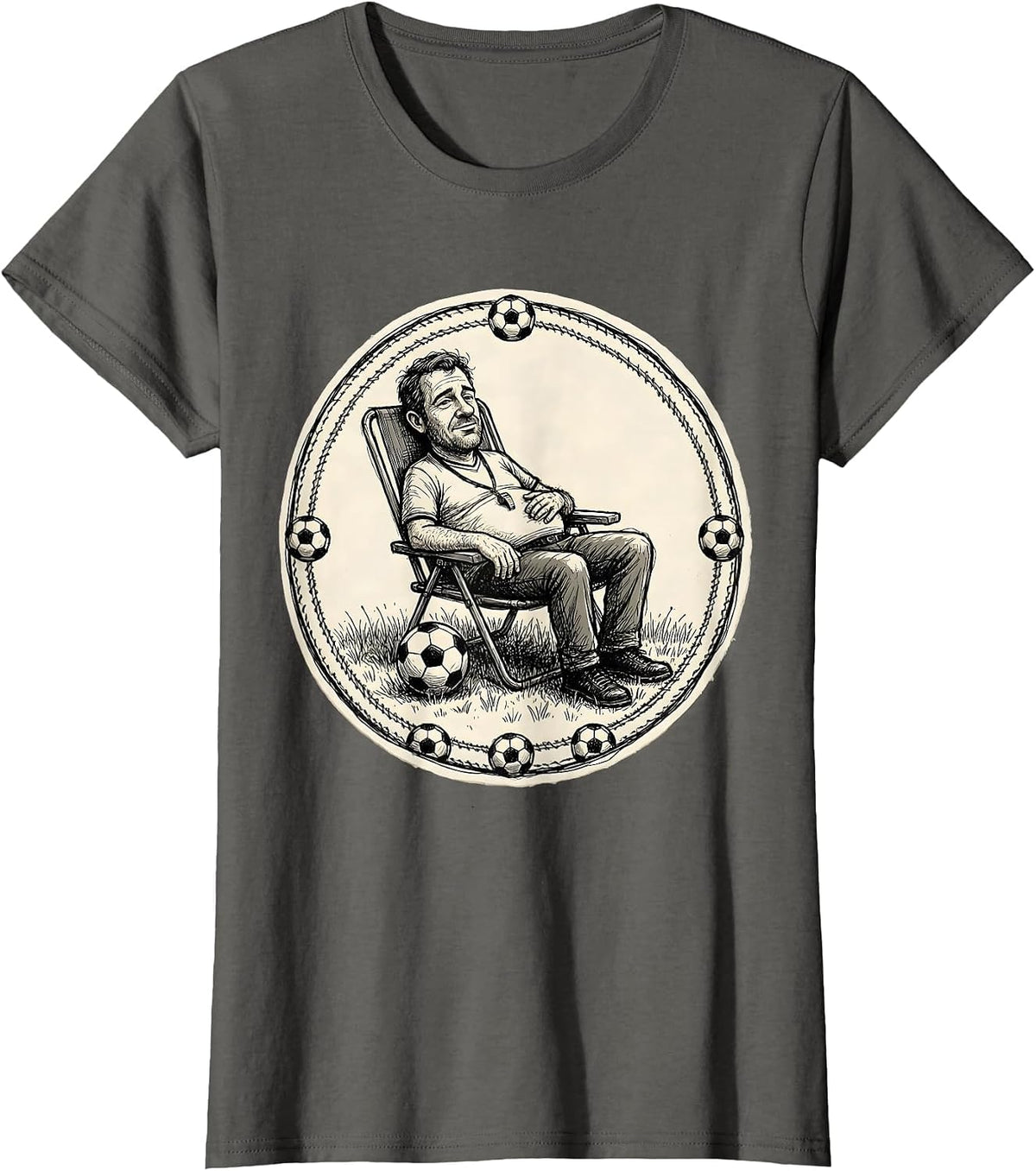 Women's Soccer Dad Lawn Chair Referee Whistle Graphic T-Shirt - Asphalt Grey