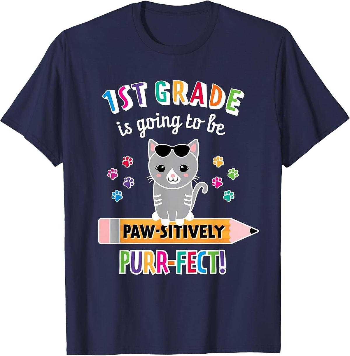 First Day of School First Grade Back to School Cat T-Shirt - Navy Blue