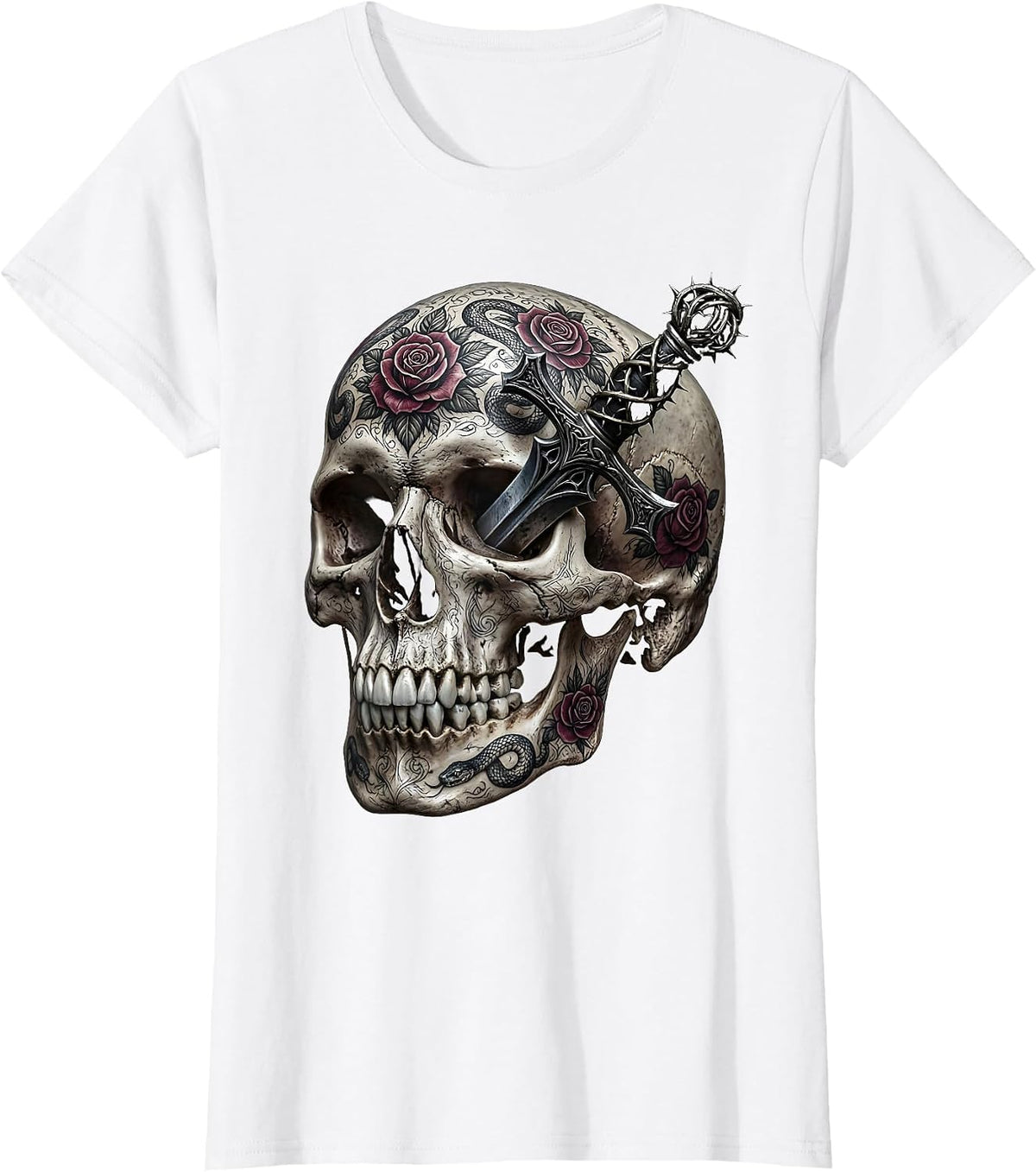 Tattooed Skull Dagger Through Temple Graphic T-Shirt - White