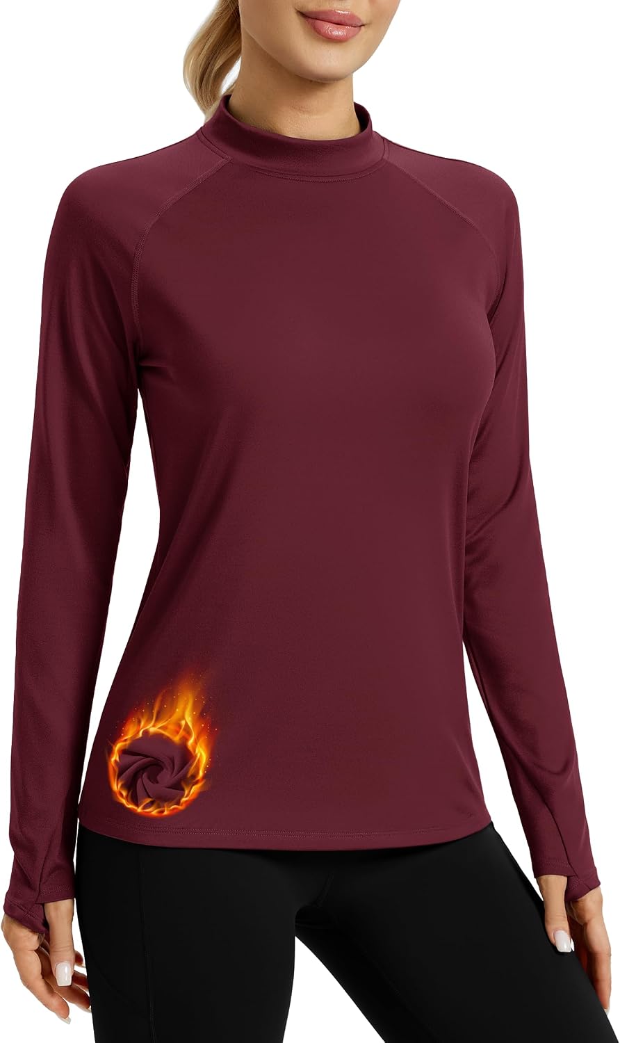 TACVASEN Women's Fleece Lined Long Sleeve Mock Neck Base Layer - Winered