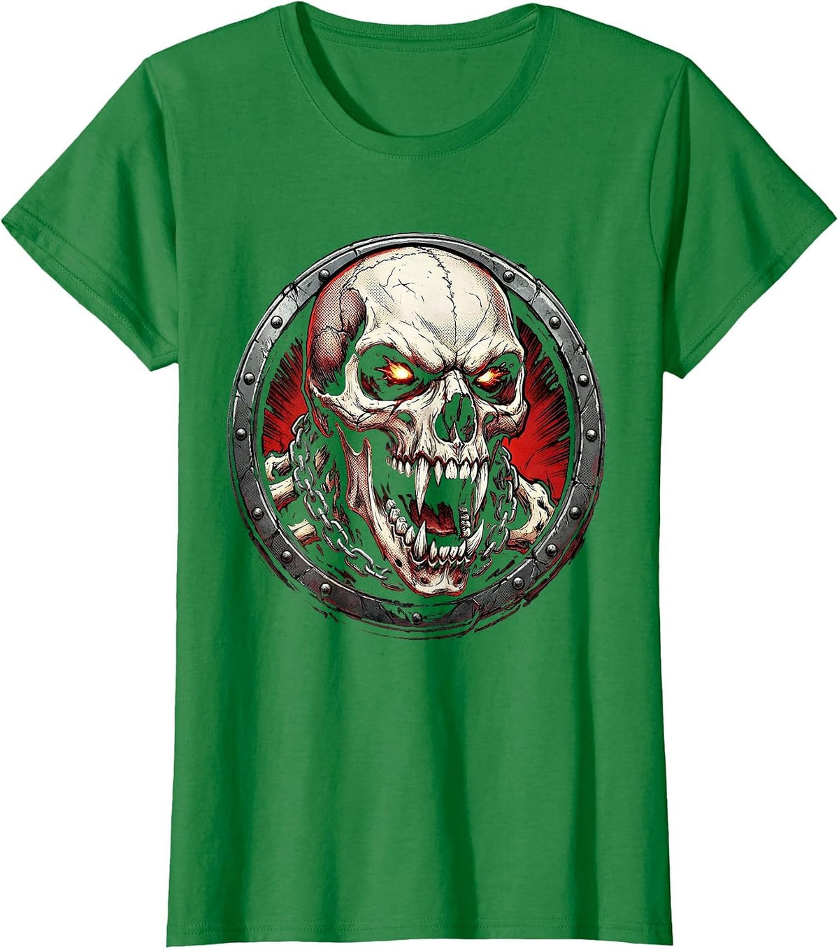 Halloween Growling Beast Skull Chain Collar Graphic T-Shirt - Kelly Green