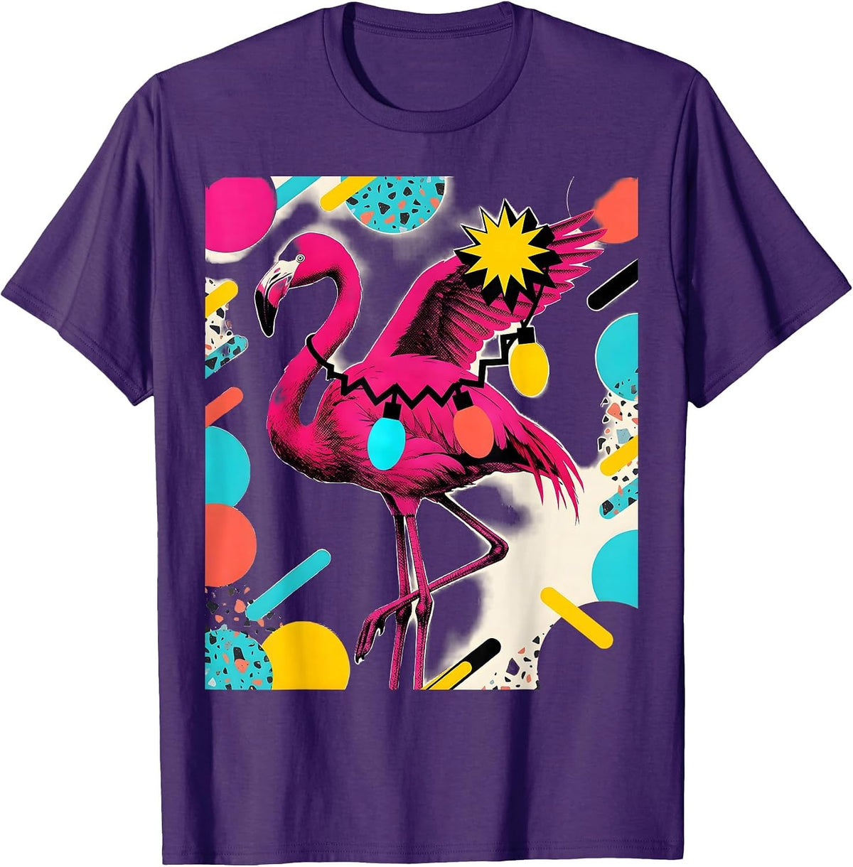 Men's Pink Flamingo Memphis Postmodern Christmas Holiday Novelty T-Shirt - Purple