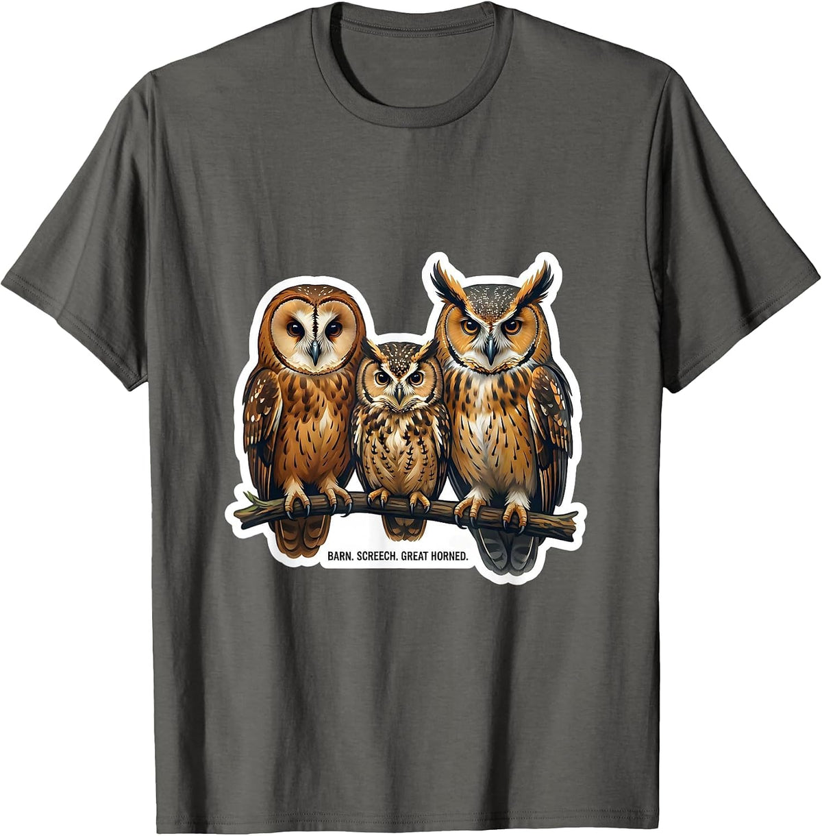 Men's Barn. Screech. Great Horned Funny Owl Lover Birdwatcher T-Shirt - Asphalt Grey