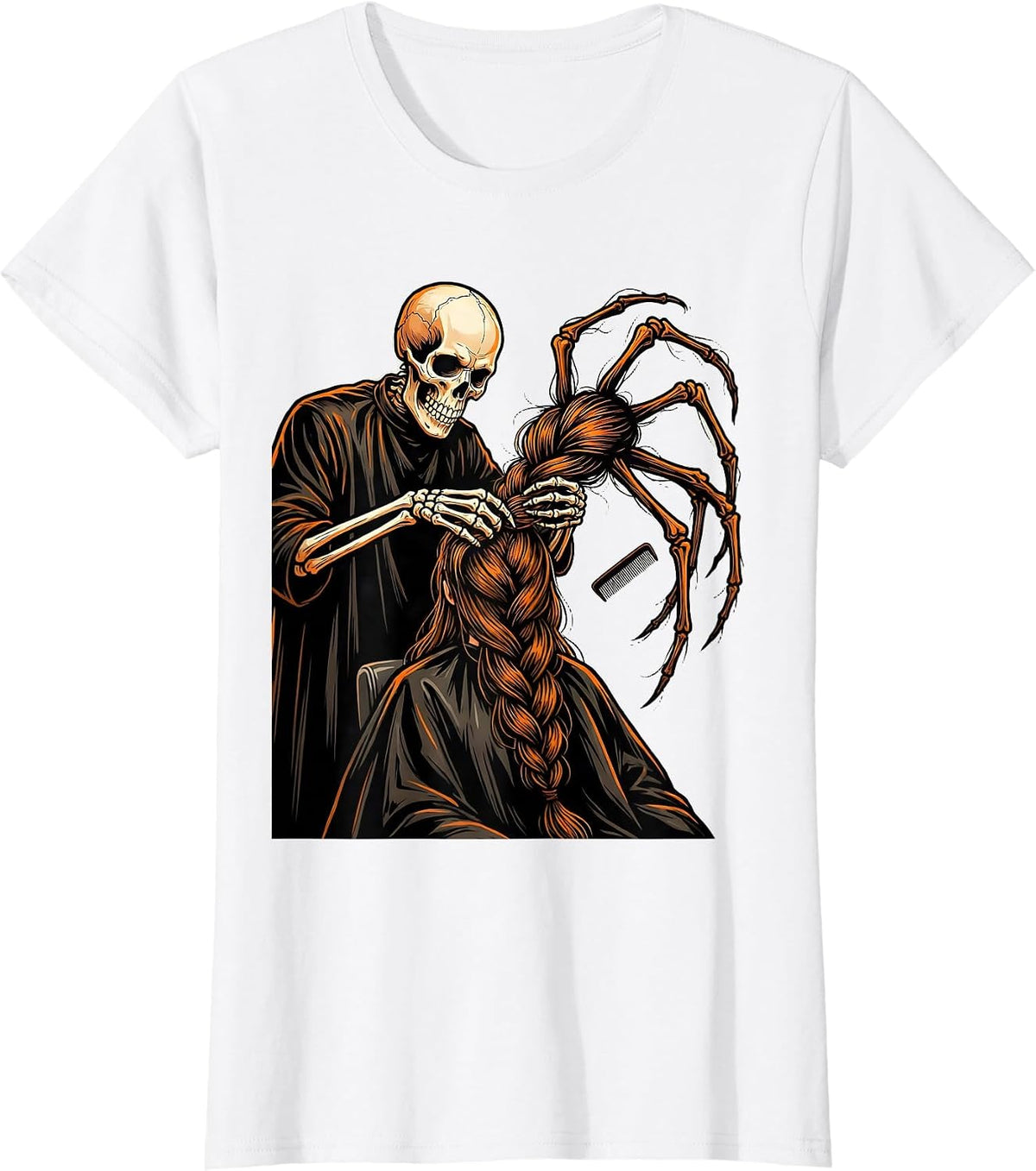 Skeleton Hairstylist Braiding Halloween Barber Humor T-Shirt - White