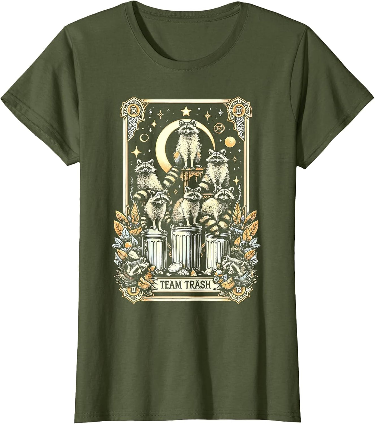 Vintage Team Trash Raccoon Tarot Card Witchcraft Goth Grunge T-Shirt - Olive Green