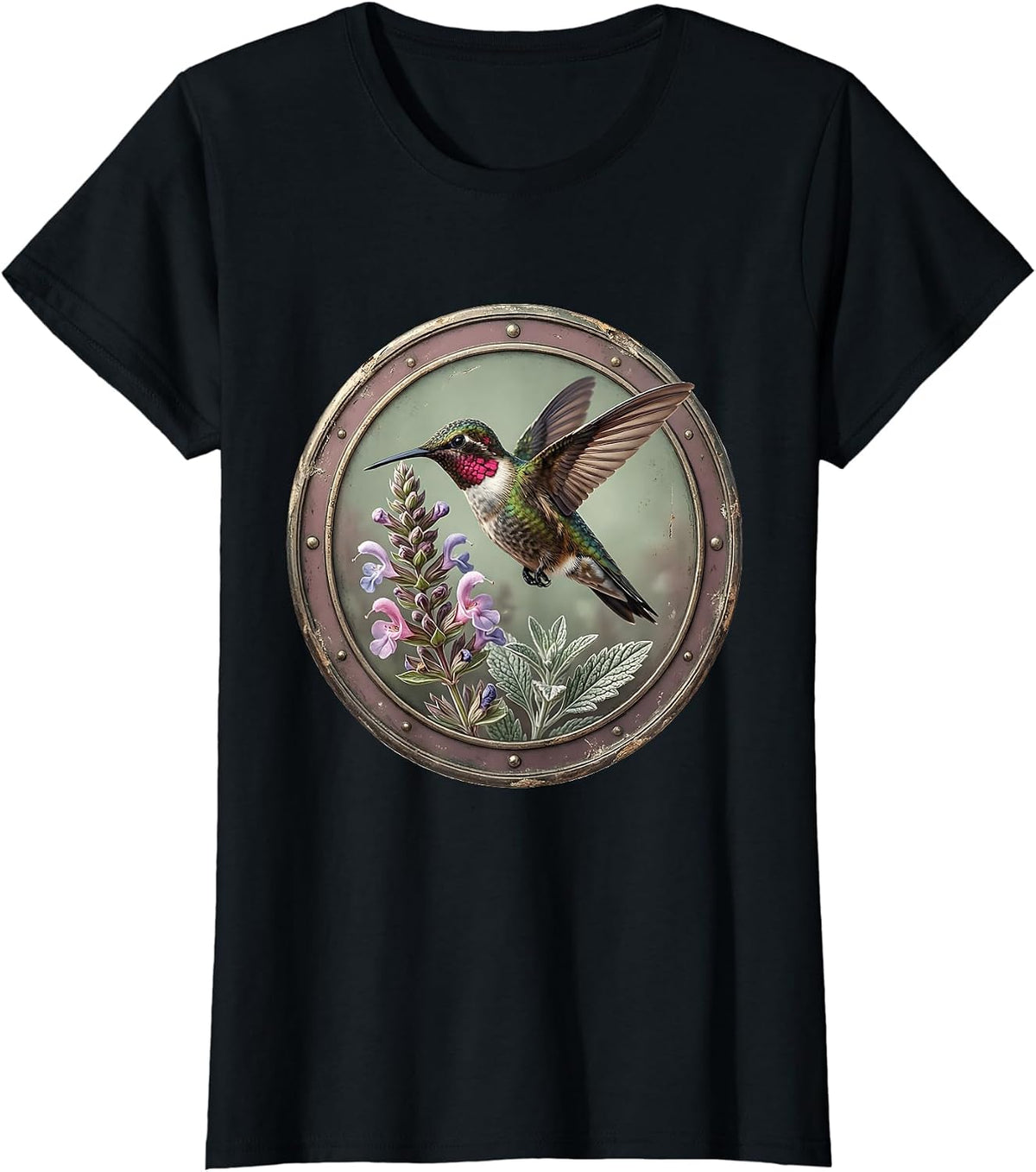 Hummingbird Texas Sage Bloom Wildflower Design T-Shirt - Black