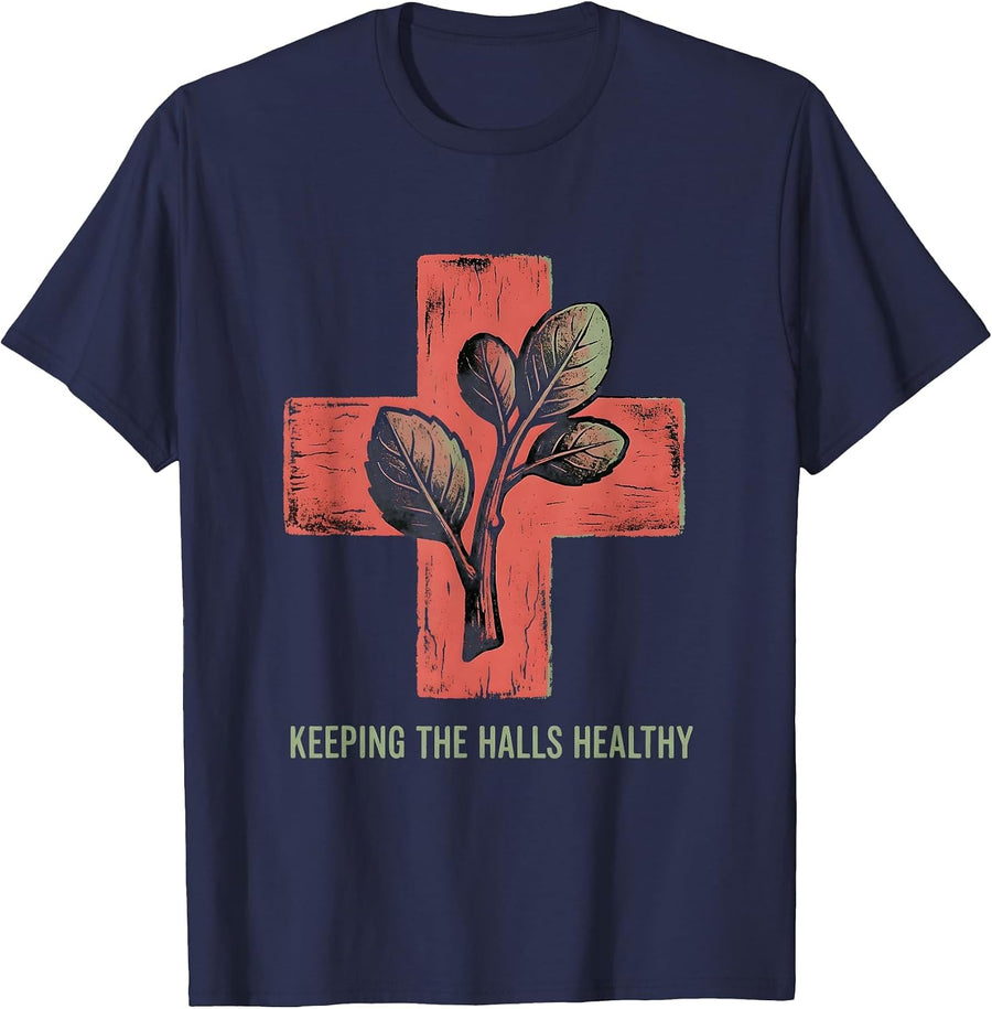 Keeping the Halls Healthy School Nurse Design T-Shirt - Navy Blue