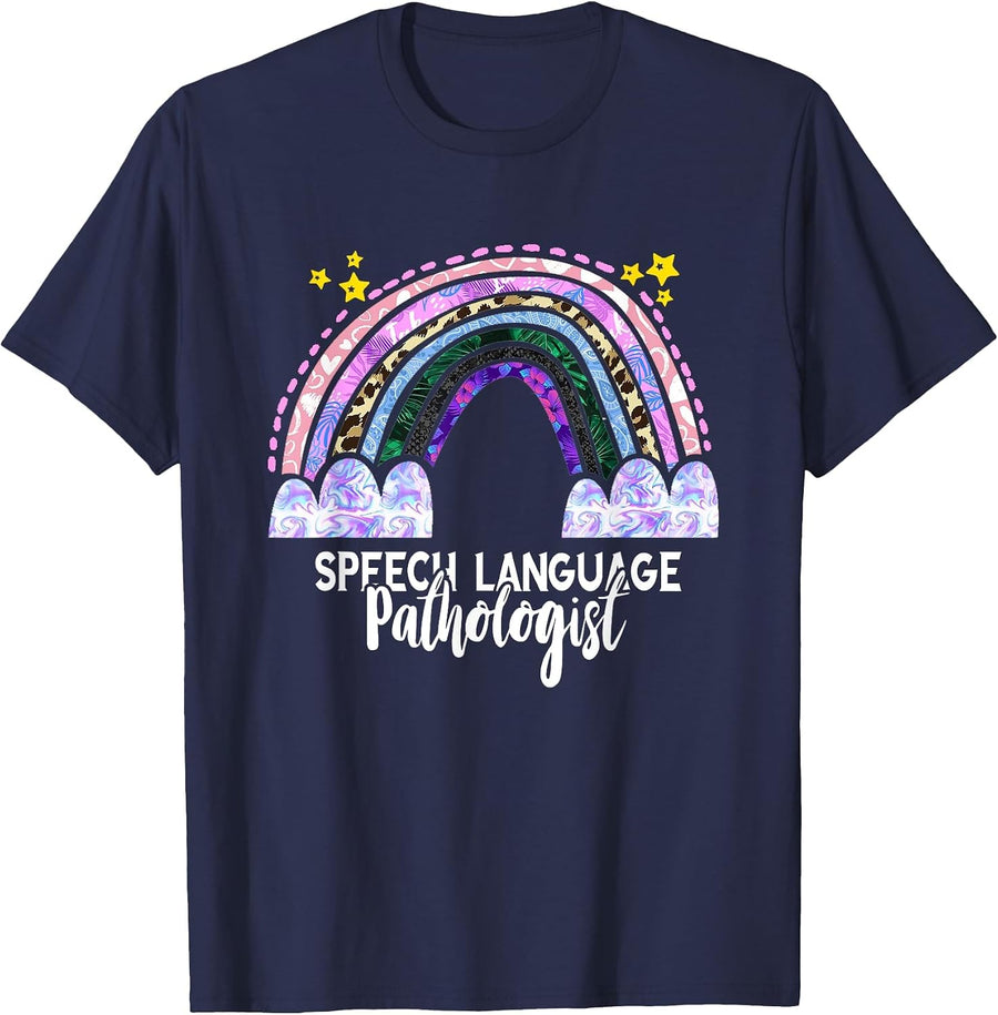 SLP Rainbow Speech Therapy Speech Language Pathologist T-Shirt - Navy Blue