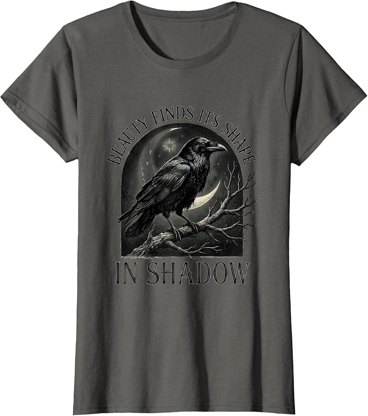 Women's Beauty Finds Its Shape In Shadow Vintage Gothic Edgar Allan T-Shirt - Asphalt Grey