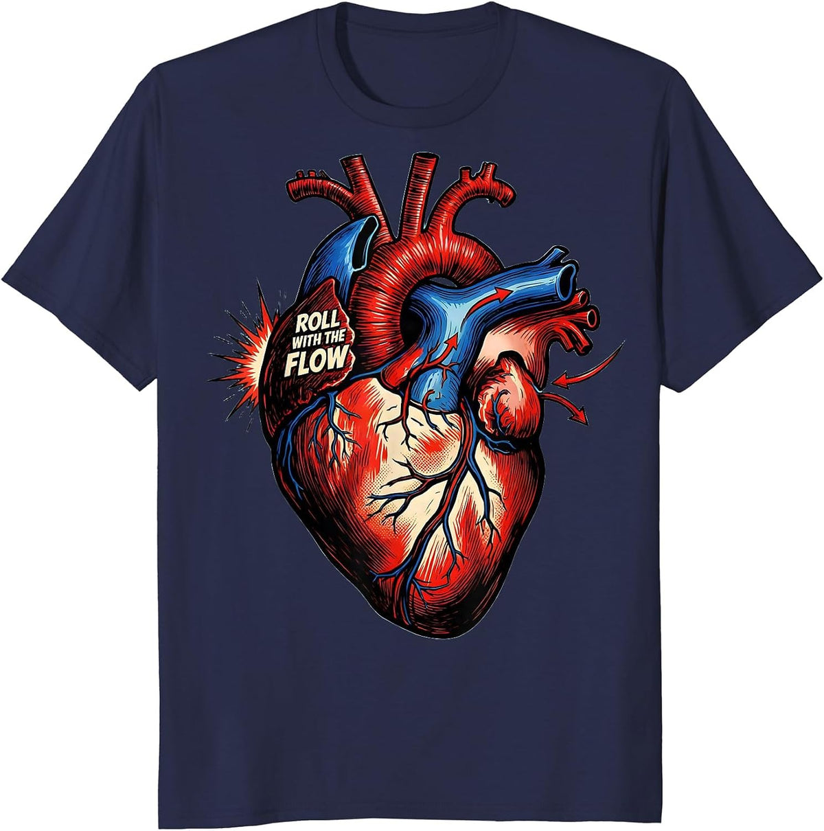 Men's Roll With The Flow Comic Book Cardiac Nurse Anatomy Humor T-Shirt - Navy Blue