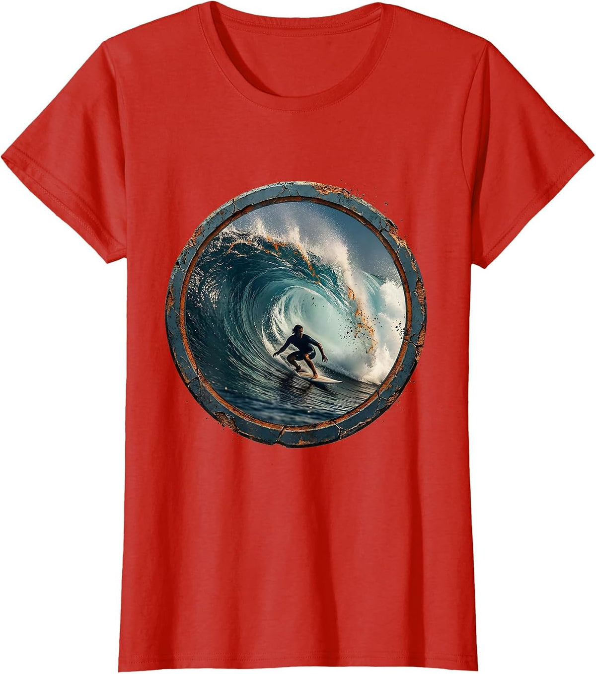 Surfer Silhouette Curling Ocean Wave Graphic T-Shirt - Red