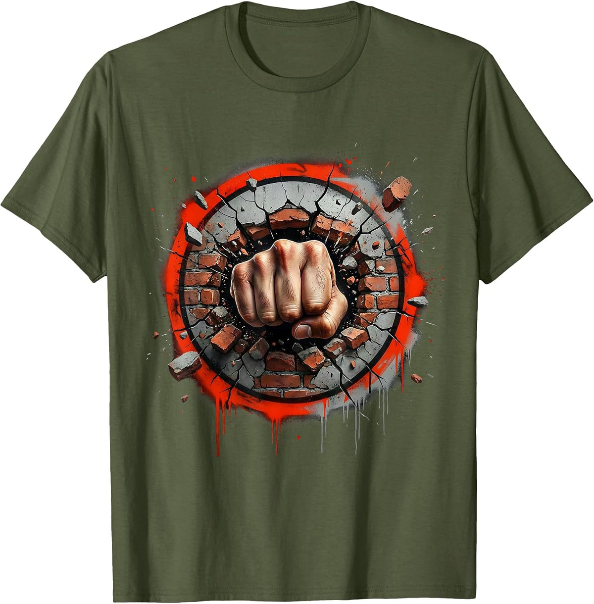 Men's Punk Rock Fist Through Brick Wall Graphic T-Shirt - Olive Green