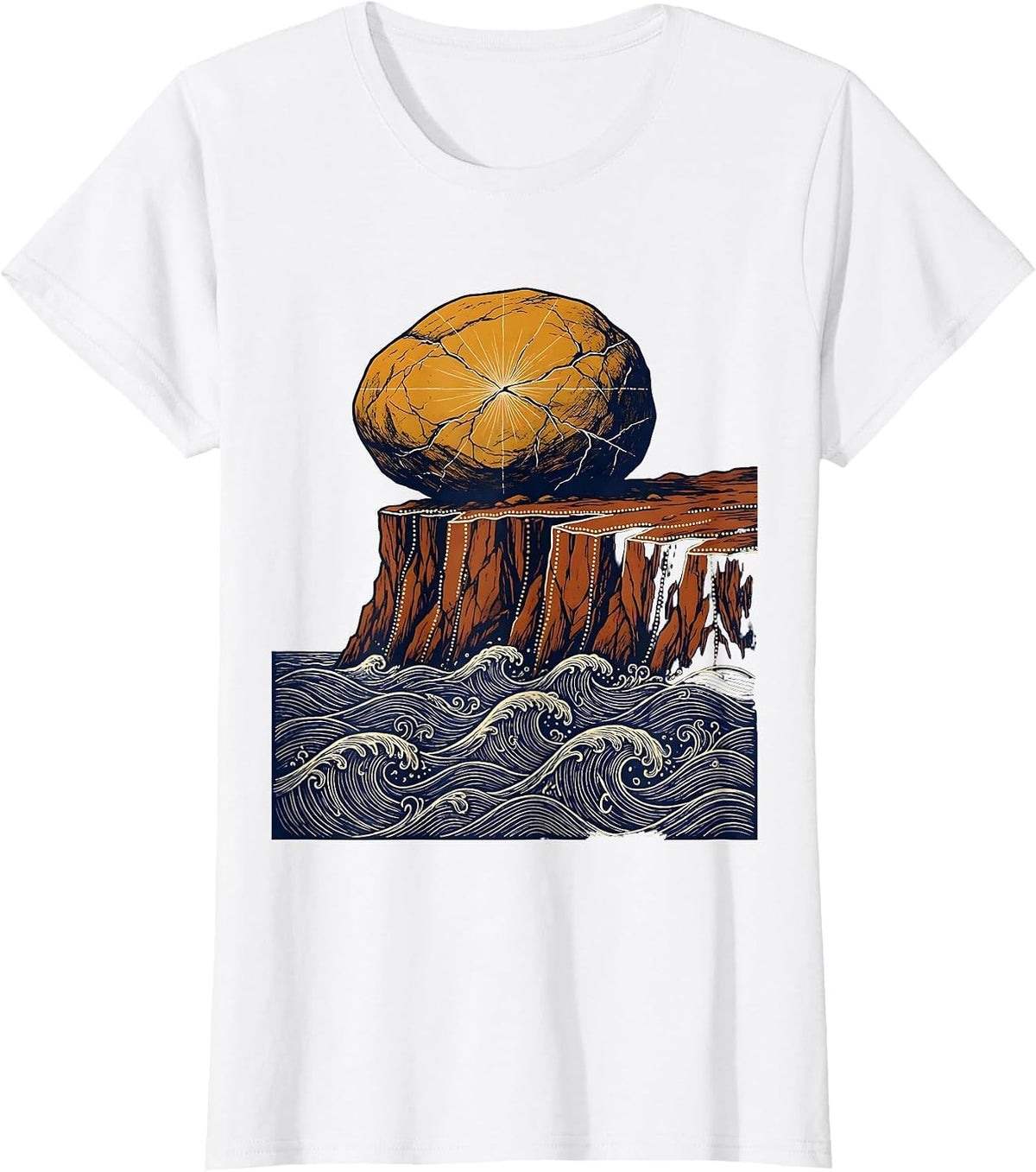 Women's Boulder on Cliff Edge Over Crashing Sea T-Shirt - White