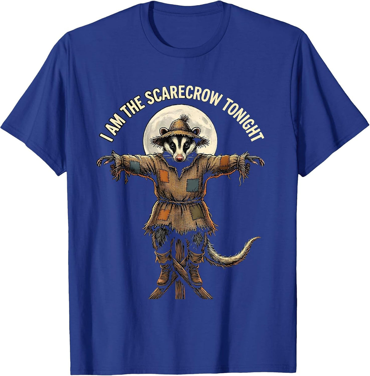 I Am The Scarecrow Tonight Linocut Opossum Halloween Spooky T-Shirt - Royal Blue