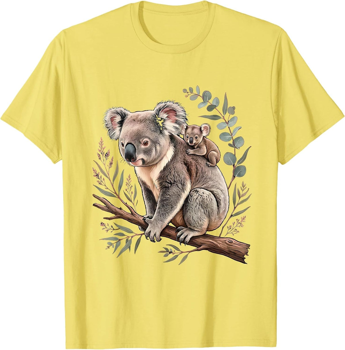 Men's Mama Koala with Joey on Her Back Illustration T-Shirt - Lemon Yellow