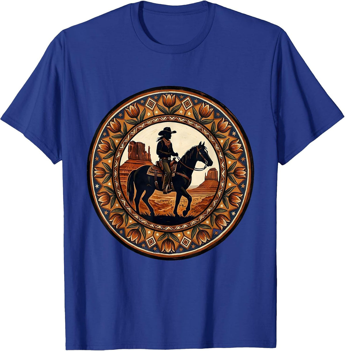 Men's Cowgirl on Horseback Canyon Silhouette T-Shirt - Royal Blue