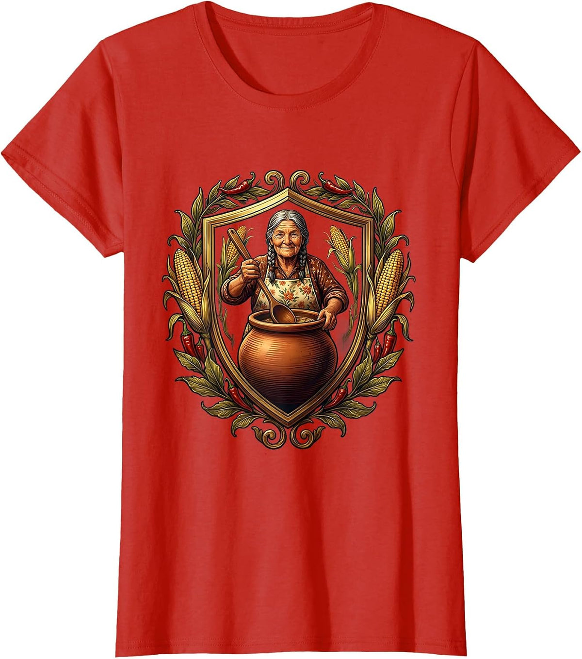 Abuela Stirring Tamales Hispanic Heritage Gift T-Shirt - Red