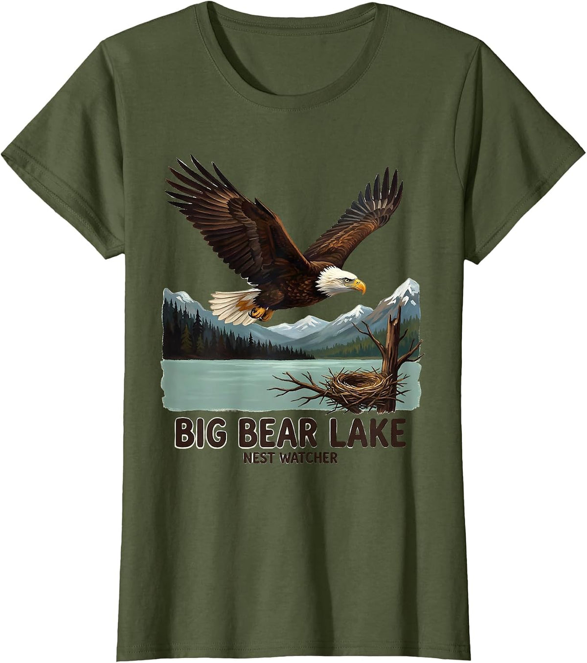 Women's Big Bear Lake Nest Watcher Vintage Eagle Memorial Wildlife T-Shirt - Olive Green
