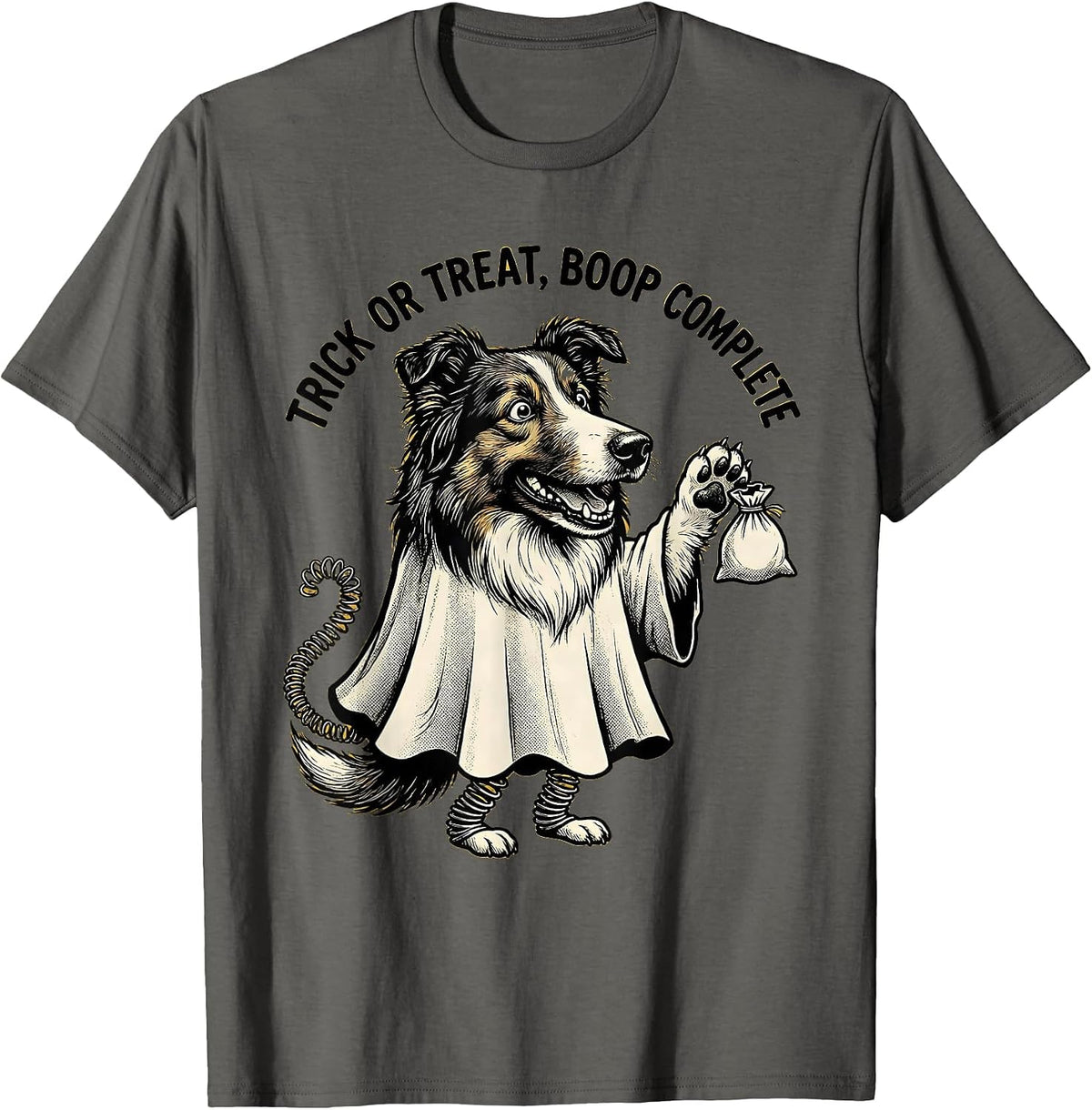 Men's Trick Or Treat Boop Complete Retro Cartoon Ghost Dog T-Shirt - Asphalt Grey