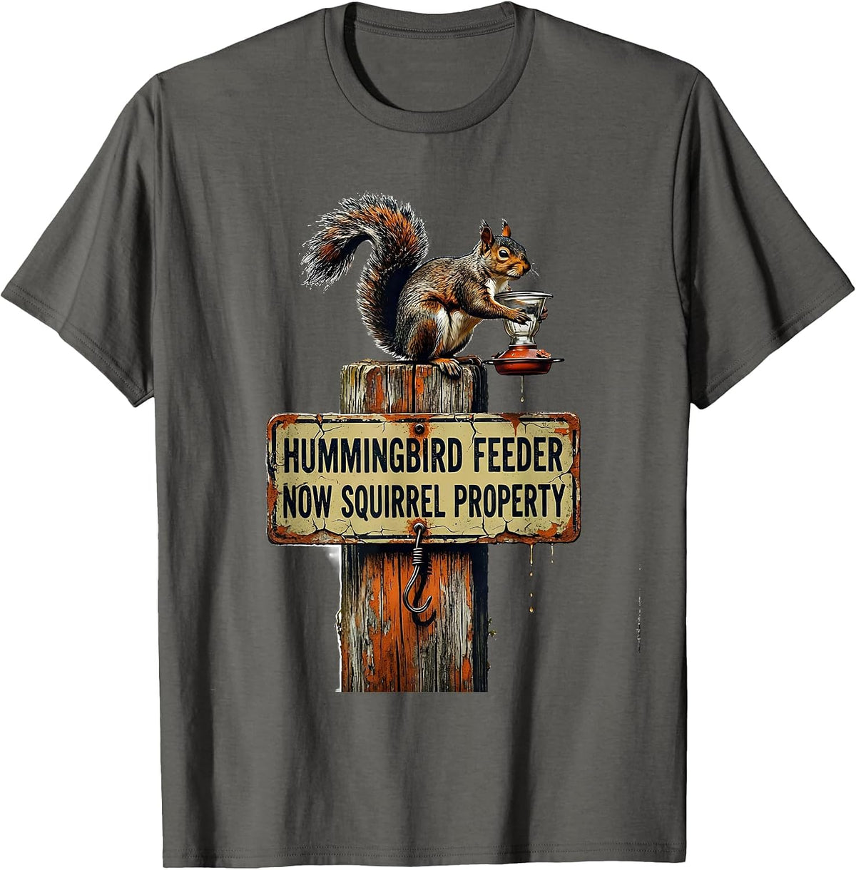 Hummingbird Feeder, Now Squirrel Property Funny Squirrel T-Shirt - Asphalt Grey