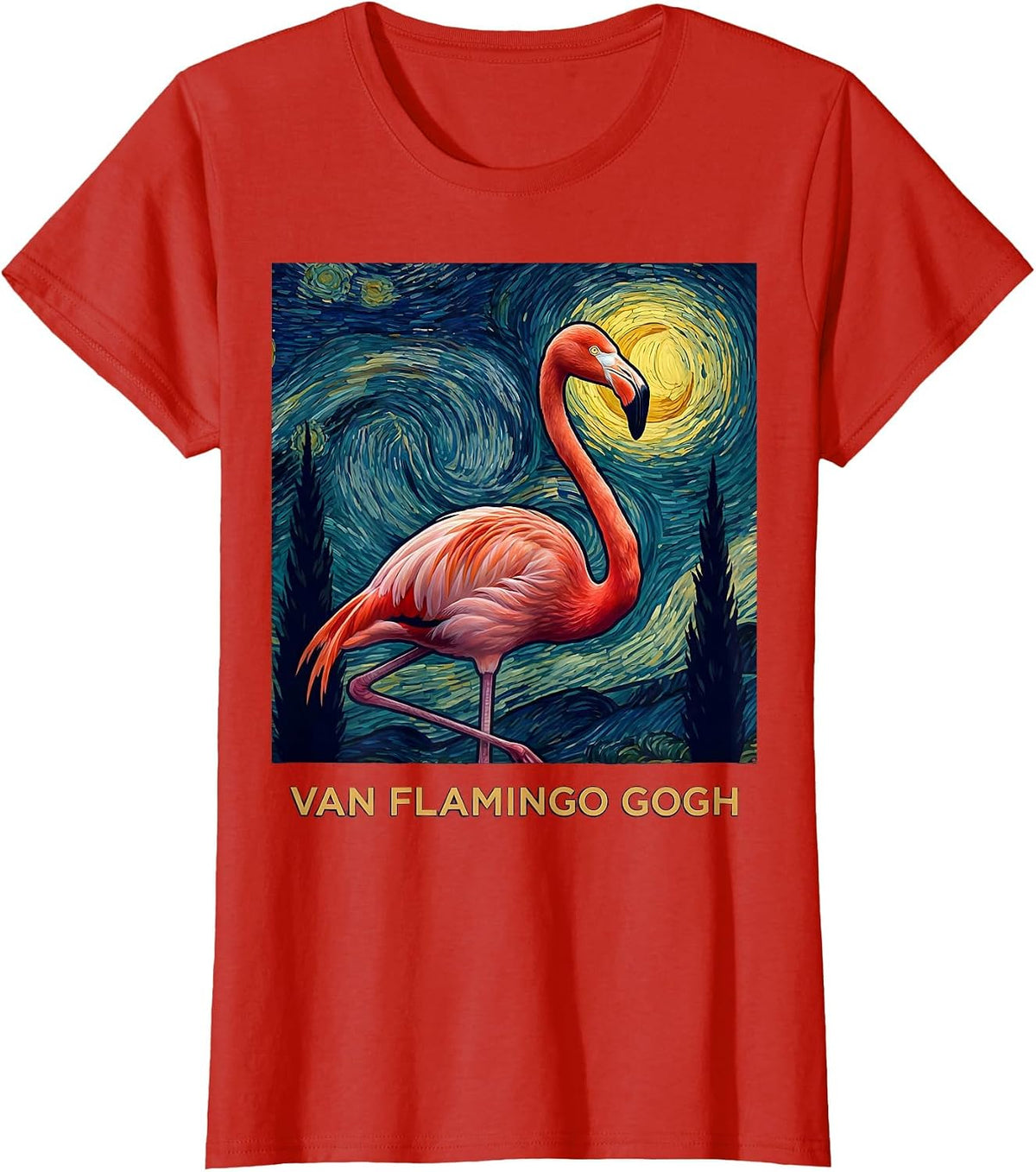 Van Flamingo Gogh Whimsical Art Meme Animal Lover Gift T-Shirt - Red
