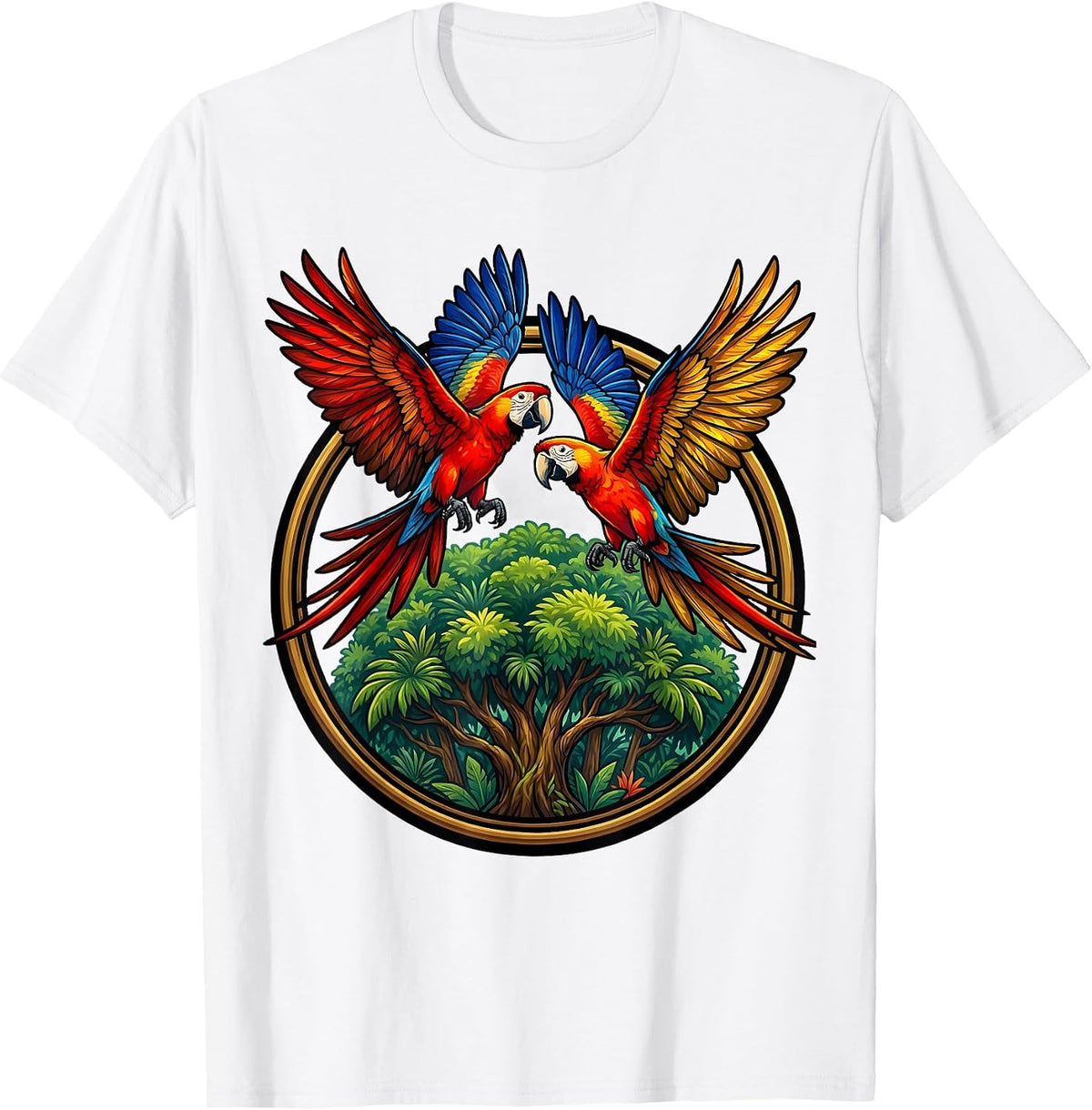 Men's Colorful Macaws Flying Over Brazilian Canopy T-Shirt - White