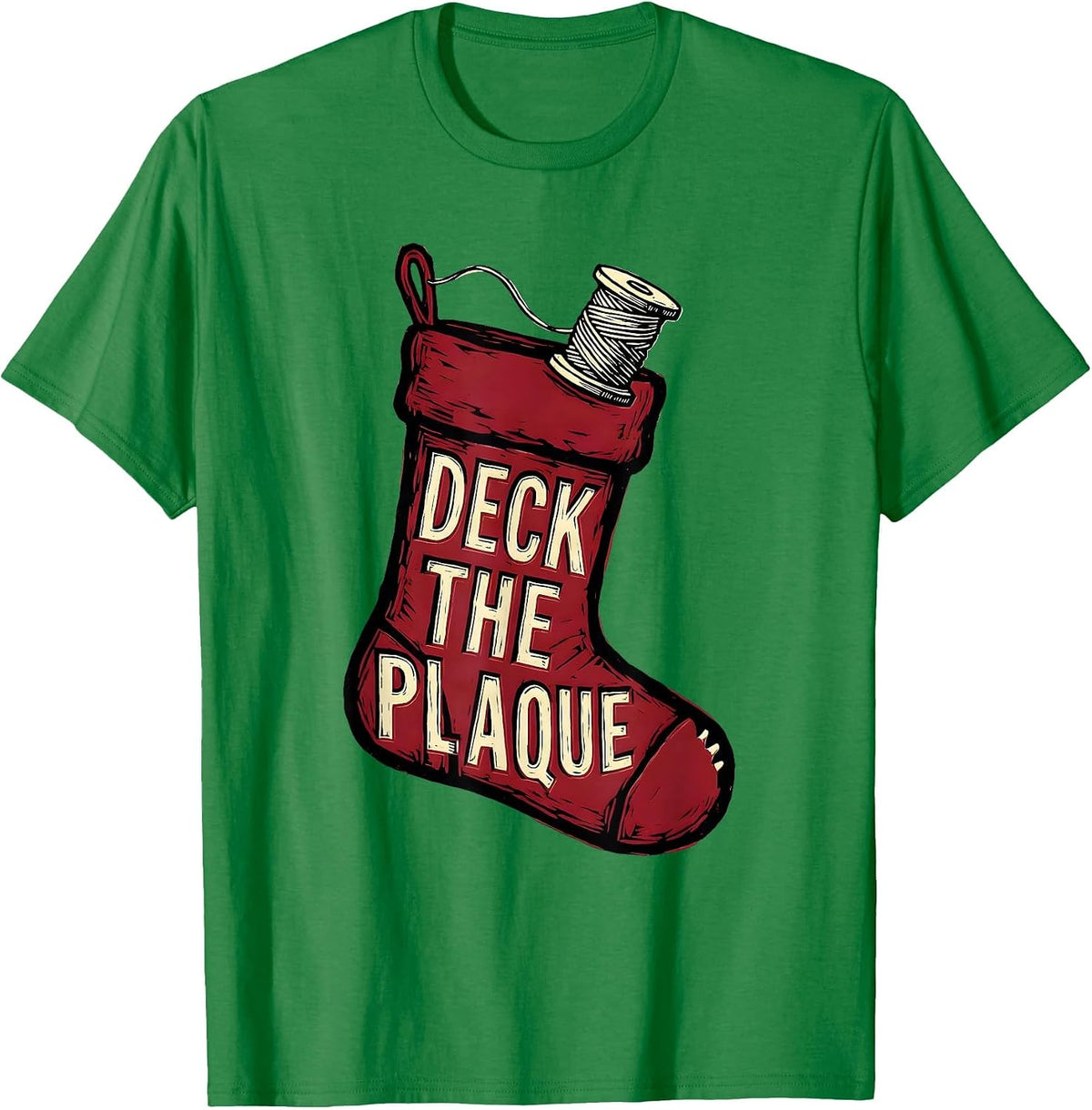 Men's Deck The Plaque Funny Dental Christmas Linocut Dentist Gift T-Shirt - Kelly Green