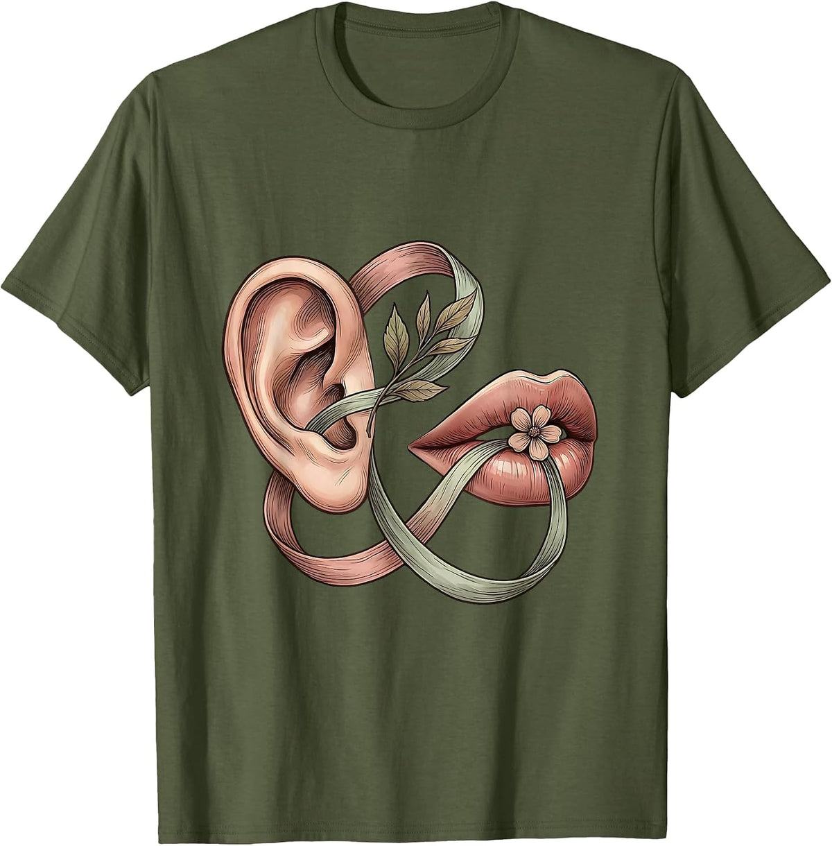 Men's SLP Ear to Mouth Ribbon Connection Illustration T-Shirt - Olive Green