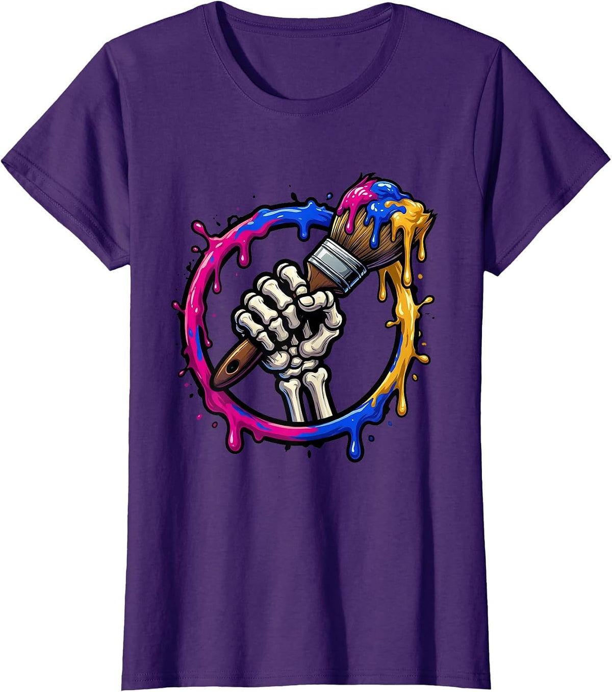 Women's Skeleton Hand Paintbrush Art Teacher Graphic T-Shirt - Purple