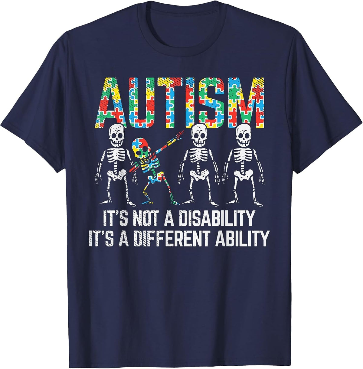 Dabbing Skeleton Not A Disability Autism Awareness Kids Boys T-Shirt - Navy Blue