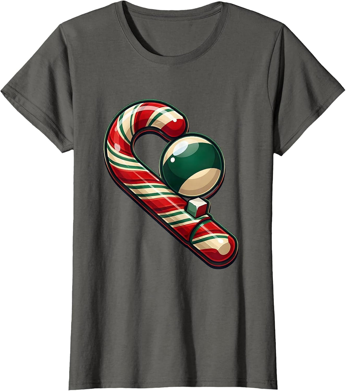 Women's Candy Cane Pool Cue Billiards Player Christmas Novelty T-Shirt - Asphalt Grey